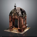 Red Ornate Building With Cross Topped Dome Wooden Door And Stone Steps