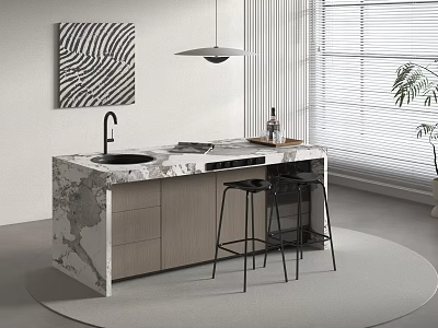 Elegant Modern Kitchen Island With Marble Countertop Black Stools And Pendant Light 3d model