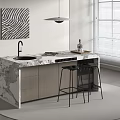 Elegant Modern Kitchen Island With Marble Countertop Black Stools And Pendant Light