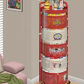 Red Multi Tier Storage Rack With Mesh Baskets And Cartoon Patterns In Kids Room