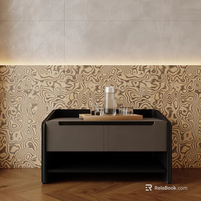 Modern Black Bedside Table with Tray Water Bottle and Glasses on Patterned Wall 3d model