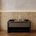 Modern Black Bedside Table with Tray Water Bottle and Glasses on Patterned Wall 3d model