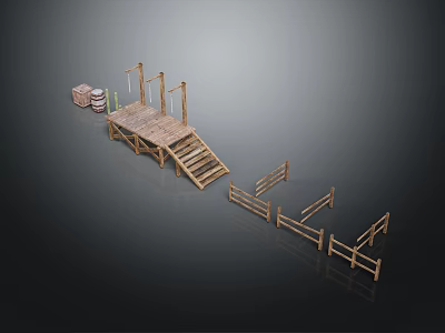 Wooden Outdoor Furniture Set With Platform Staircase Fences And Crates 3d model