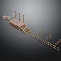 Wooden Outdoor Furniture Set With Platform Staircase Fences And Crates