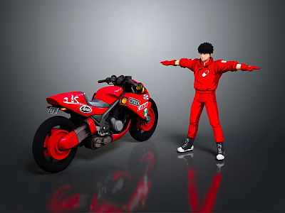 Red Motorcycle With Number 14 And K Logo Next To Figure In Red Outfit 3d model