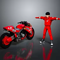 Red Motorcycle With Number 14 And K Logo Next To Figure In Red Outfit