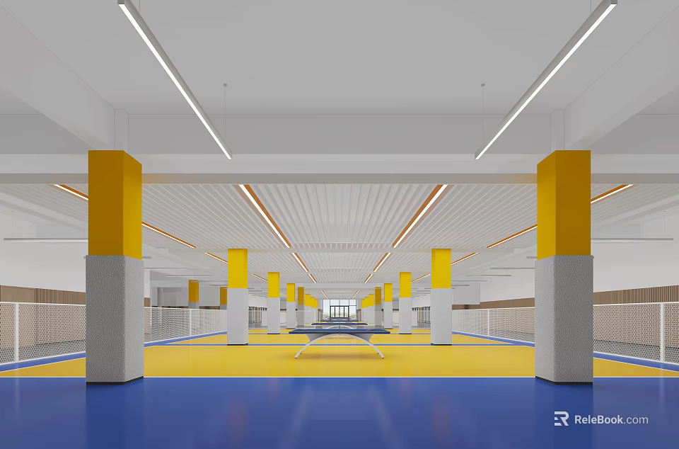 School Gymnasium Interior With Yellow Pillars Blue And Yellow Floor Ceiling Lighting 3d model 