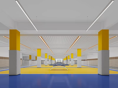 School Gymnasium Interior With Yellow Pillars Blue And Yellow Floor Ceiling Lighting 3d model