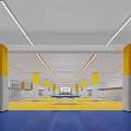 School Gymnasium Interior With Yellow Pillars Blue And Yellow Floor Ceiling Lighting