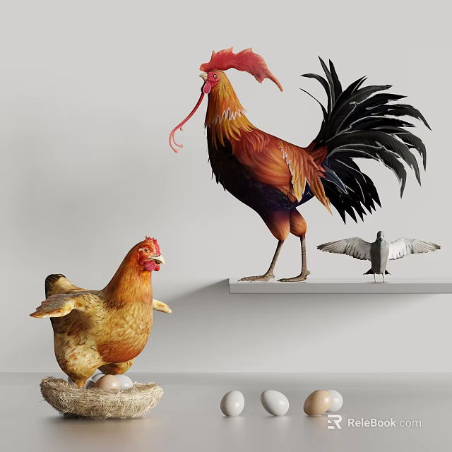 Fresh Organic Farm Eggs With Decorative Hen And Rooster Figurines On Shelf 3d model 