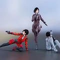 Three Dynamic Female Combat Characters In Various Poses Holding Guns And Gear