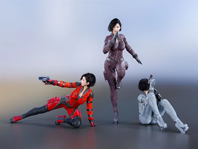 Three Dynamic Female Combat Characters In Various Poses Holding Guns And Gear 3d model