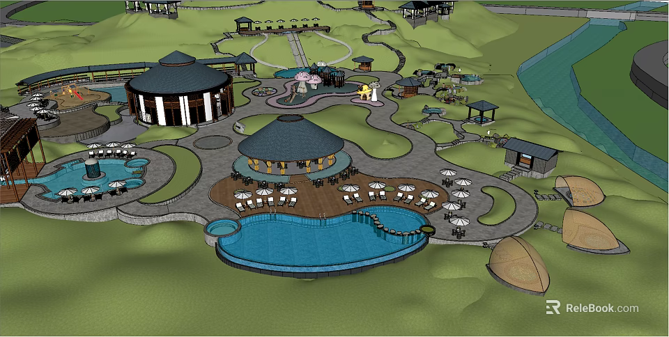 Resort Leisure Area Layout With Circular Buildings Swimming Pool Outdoor Seating Paths And Water Body 3d model 
