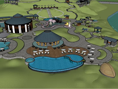 Resort Leisure Area Layout With Circular Buildings Swimming Pool Outdoor Seating Paths And Water Body 3d model