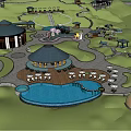 Resort Leisure Area Layout With Circular Buildings Swimming Pool Outdoor Seating Paths And Water Body