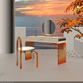 Modern Dressing Table With Round Mirror Golden Frame Acrylic Chair And Seaside Sunset Backdrop