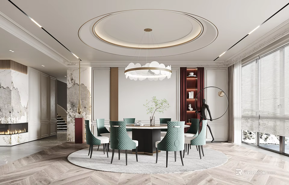 Elegant Modern Restaurant Interior With Round Dining Table Green Chairs And Circular Pendant Light 3d model 