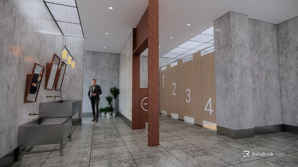 Modern Public Restroom Design With Numbered Stalls Gray Walls And Green Plants 3d model 
