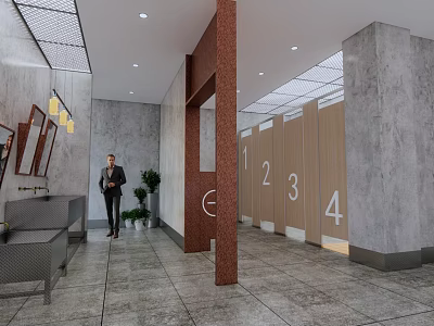 Modern Public Restroom Design With Numbered Stalls Gray Walls And Green Plants 3d model