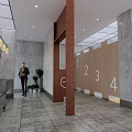 Modern Public Restroom Design With Numbered Stalls Gray Walls And Green Plants