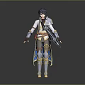 Game and Movie Fantasy Character With Purple Hair White Blue Outfit Golden Accents Holding Sword