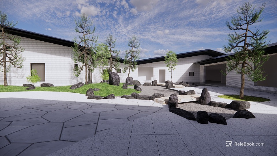 Courtyard Garden With White Buildings Black Roofs Trees Stones Lawn And Gray Stone Pathways 3d model 