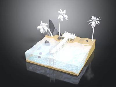 3D Beach Scene Model With Palm Trees Pier Water And Rocks 3d model