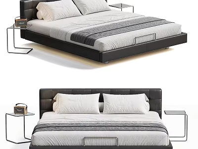 Modern Black Leather Double Bed With Striped Mattress And Metal Nightstands 3d model