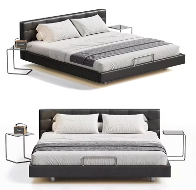 Modern Black Leather Double Bed With Striped Mattress And Metal Nightstands 3d model