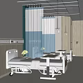Hospital Outpatient Ward With Comfortable Beds Ceiling Lights Wooden Panels And Medical Curtains