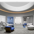Spacious Modern Front Desk Reception Area With Circular Ceiling Ambient Lighting And Blue White Sofas 3d model