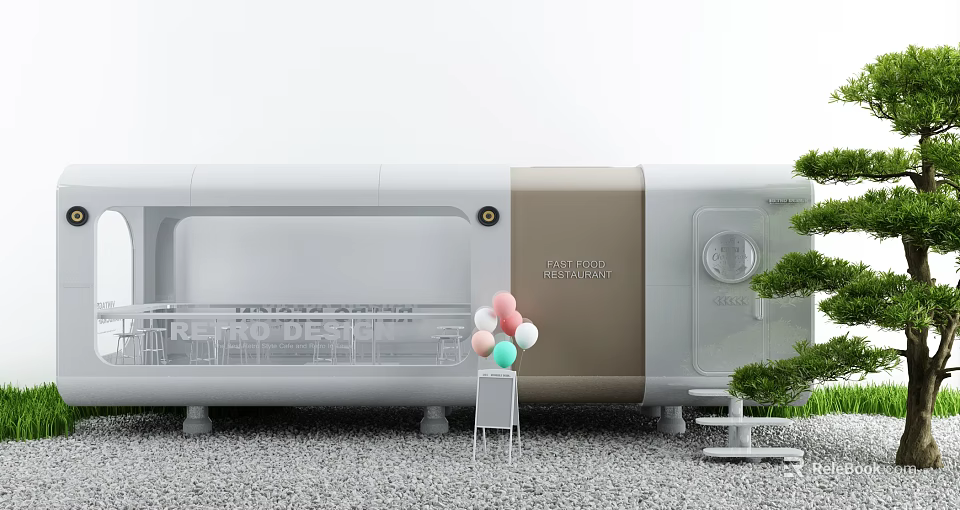 Modern Outdoor Table With White And Brown Structure Balloons Green Plants On Gravel Ground 3d model 