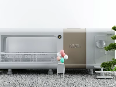 Modern Outdoor Table With White And Brown Structure Balloons Green Plants On Gravel Ground 3d model