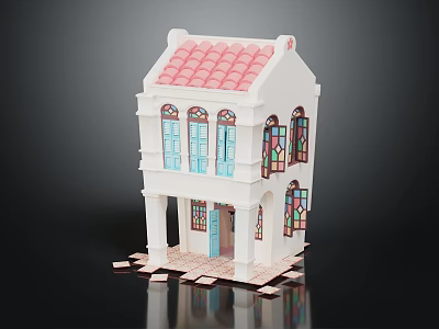 Two Story Miniature House Model With Pink Tiled Roof Stained Glass Windows White Exterior Porch 3d model