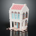 Two Story Miniature House Model With Pink Tiled Roof Stained Glass Windows White Exterior Porch