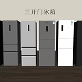 Three Door Refrigerators Display With Various Styles And Different Color Options 3d model