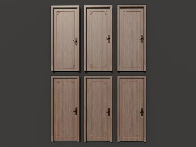 Set of Six Wooden Hinged Doors with Wood Grain Design and Classic Handles 3d model