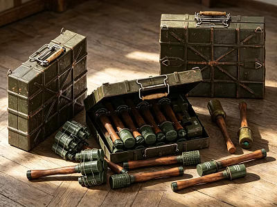 Military Weapons Featuring Green Ammo Boxes Open Case With Wooden Handle Grenades And Hammers 3d model