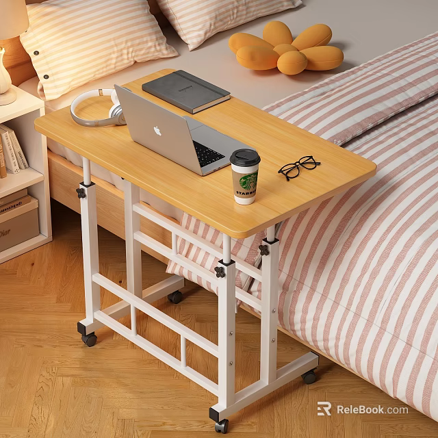 Portable Wooden Desk with White Metal Frame Laptop Tablet Headphones Coffee Cup and Eyeglasses 3d model 