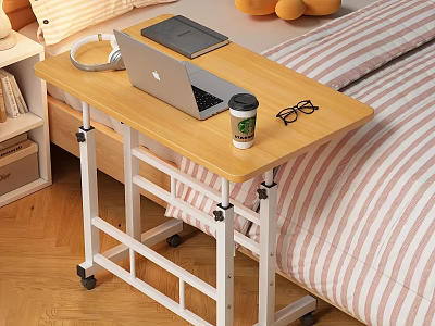 Portable Wooden Desk with White Metal Frame Laptop Tablet Headphones Coffee Cup and Eyeglasses 3d model