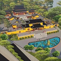 Traditional Chinese Ancient Architecture With Yellow Facade Classic Curved Roofs Courtyard And Stone Pavement