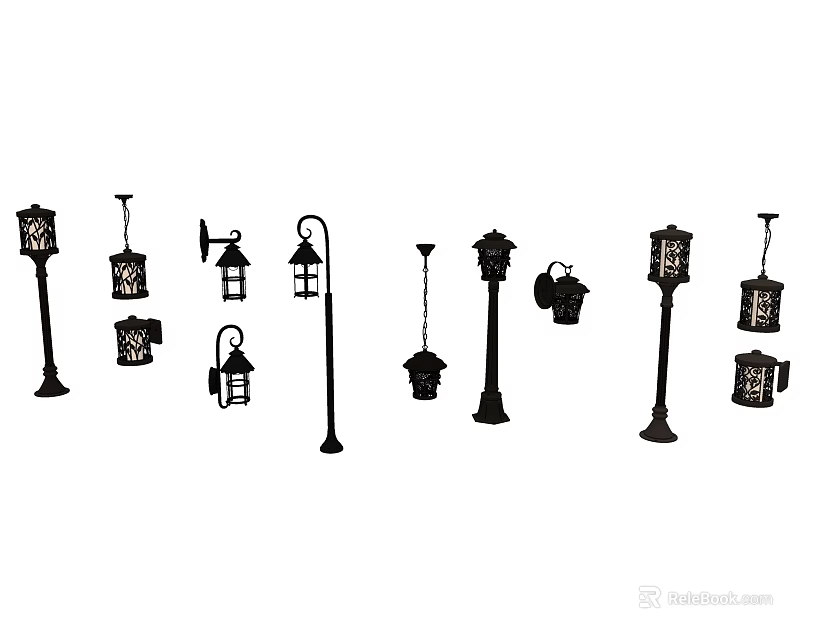 Assorted Decorative Lighting Fixture Set Featuring Pendant Wall and Post Lamps 3d model