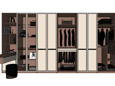 Modern Wardrobe Interior Design With Sliding Doors Hanging Garments Bookshelf And Storage Compartments 3d model