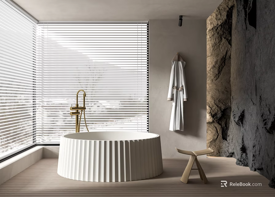 Modern Bathroom Interior Featuring White Bathtub Window Blinds Textured Wall And Wooden Stool 3d model 