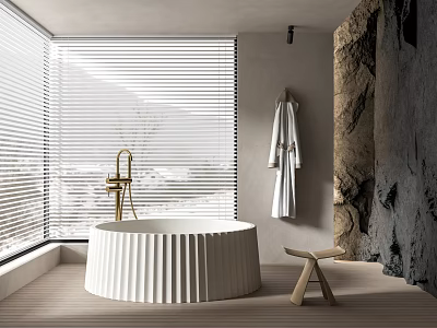 Modern Bathroom Interior Featuring White Bathtub Window Blinds Textured Wall And Wooden Stool 3d model