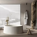 Modern Bathroom Interior Featuring White Bathtub Window Blinds Textured Wall And Wooden Stool