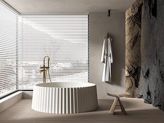 Quiet Bathroom Round Bathtub Bathrobe Mao Stone Wall Venetian Blinds 3d model