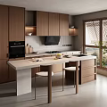 Modern Restaurant Open Kitchen Interior With Island Counter Wooden Cabinets And Appliances