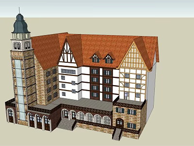 European Architecture With Red Tile Roof Clock Tower And Half Timbered Facade 3d model