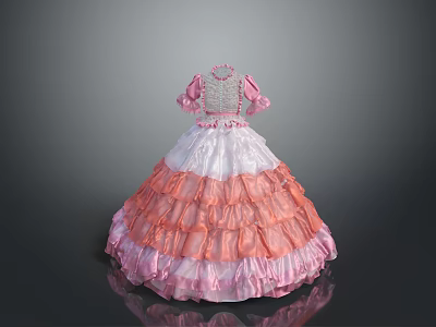 Elegant Pink And White Layered Princess Dress With Puffed Sleeves And Lace Trim 3d model